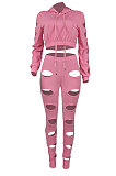 Euramerican Women Hole Dew Waist Hoodie Solid Color Bodycon Pants Sets BYQ3219