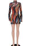 Sexy Printing Split Horn Sleeve  Half Turtle Neck High Waist Mini Dress GL6538