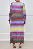 Euramerican Women Multi Stripe Ribber Cardigan Buttons Long Outerwear GL6537