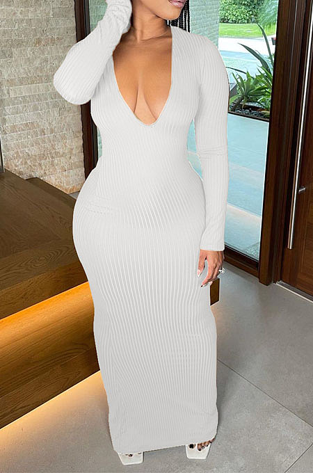 Fahion Sexy High Quality Ribber Long Sleeve V Neck Slim Fitting Dress LYY9322