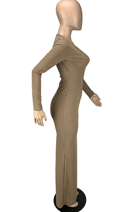 Fahion Sexy High Quality Ribber Long Sleeve V Neck Slim Fitting Dress LYY9322