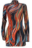 Sexy Printing Split Horn Sleeve  Half Turtle Neck High Waist Mini Dress GL6538