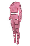 Euramerican Women Hole Dew Waist Hoodie Solid Color Bodycon Pants Sets BYQ3219