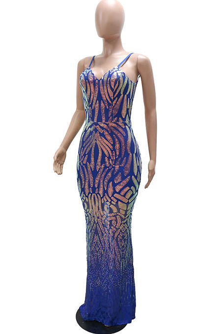Fashion Sexy Condole Belt Backless V Collar Sequins Hip Long Dress CCY9437