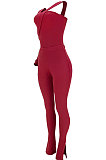 Women Sexy Club Ribber Irregular One Shoulder Solid Color Split Pants Sets GL6531
