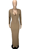 Fahion Sexy High Quality Ribber Long Sleeve V Neck Slim Fitting Dress LYY9322