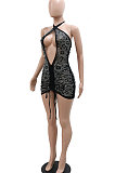 Euramerican Women Fashion Hollow Out Halter Neck Drawsting Perspectivity Hip Mini Dress CCY9430