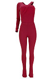 Women Sexy Club Ribber Irregular One Shoulder Solid Color Split Pants Sets GL6531