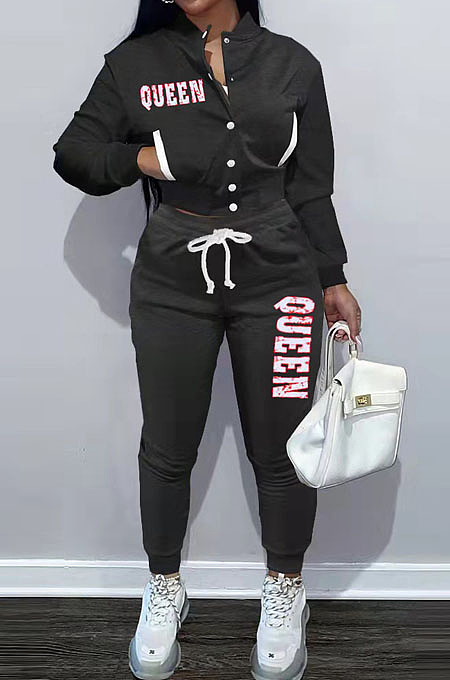 Simple Casual Pure Color Baseball Uniform Letter Printed Long Sleeve Single-Breasted Jacket Jogger Pants Suit TK6212