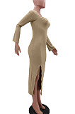 Sexy Ribber Pure Color Square Neck Slit Slim Fitting TK6208