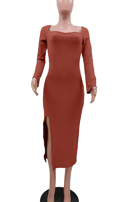 Sexy Ribber Pure Color Square Neck Slit Slim Fitting TK6208