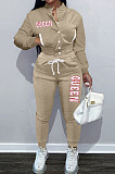 Simple Casual Pure Color Baseball Uniform Letter Printed Long Sleeve Single-Breasted Jacket Jogger Pants Suit TK6212