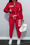 Simple Casual Pure Color Baseball Uniform Letter Printed Long Sleeve Single-Breasted Jacket Jogger Pants Suit TK6212