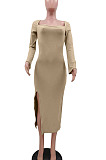 Sexy Ribber Pure Color Square Neck Slit Slim Fitting TK6208