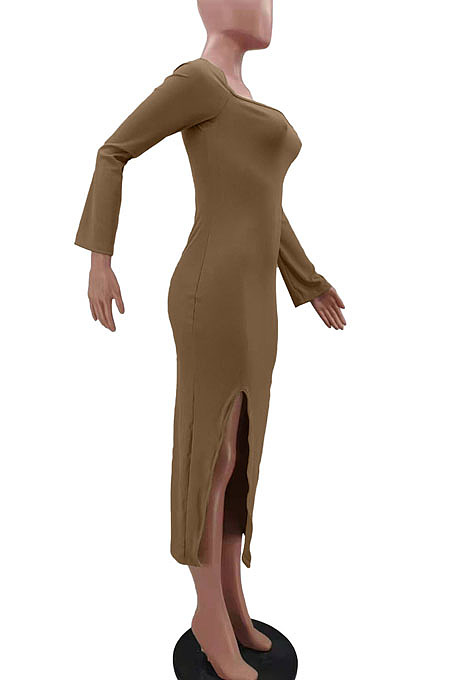 Sexy Ribber Pure Color Square Neck Slit Slim Fitting TK6208