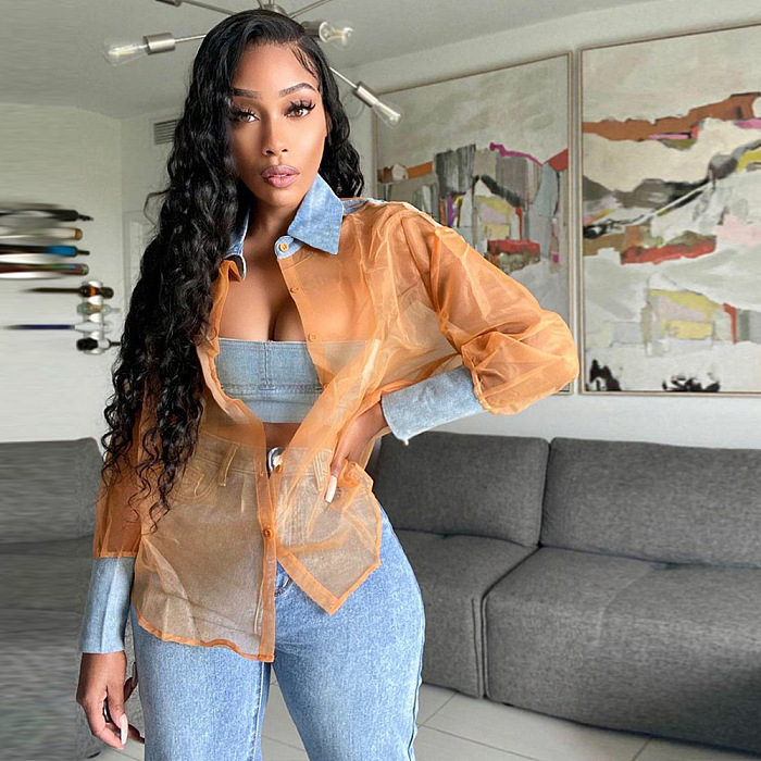 Hot Sale Women's Spliced Denim Long Sleeve Mesh Shirt NZH6392