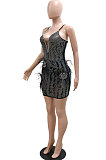 Trendy Sexy V Collar Feather Condole Belt Hip Mini Dress CCY9465