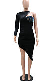 Euramerican Fashion One Shoulder Long Sleeve Sequins Spliced Velvet Irregular Bodycon Mini Dress CCY9442