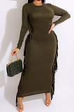 Euramerican Women Pure Color Tassel Long Sleeve Slim Fitting Contains No Belt Long Dress MD461