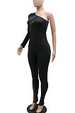 Sexy Oblique Shoulder Perspectivity Hip Mid Waist Bodycon Jumpsuits CCY9455