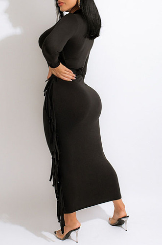 Euramerican Women Pure Color Tassel Long Sleeve Slim Fitting Contains No Belt Long Dress MD461