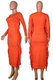Euramerican Women Pure Color Tassel Long Sleeve Slim Fitting Contains No Belt Long Dress MD461