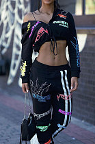 Wholesale Simple Letter Printed Long Sleeve Zipper Bandage Crop Hoodie Jogger Pants Suit MK069
