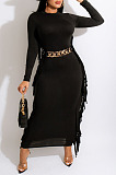 Euramerican Women Pure Color Tassel Long Sleeve Slim Fitting Contains No Belt Long Dress MD461