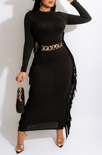 Euramerican Women Pure Color Tassel Long Sleeve Slim Fitting Contains No Belt Long Dress MD461