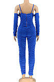 Euramerican Women Sexy Strapless Long Sleeve Ruffle Solid Color Bodycon Jumpsuits AL199