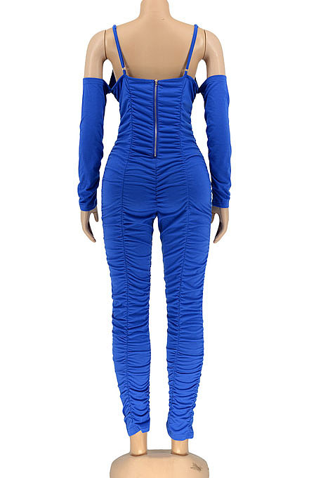 Euramerican Women Sexy Strapless Long Sleeve Ruffle Solid Color Bodycon Jumpsuits AL199
