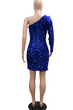 Fashion Sexy One Shoulder Sequins Split Hip Skinny Bodycon Mini Dress CCY9479