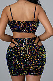 Euramerican Sexy Condole Belt V Collar Sequins Short Tops Hip Skirts Sets CCY9443
