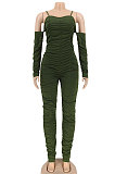 Euramerican Women Sexy Strapless Long Sleeve Ruffle Solid Color Bodycon Jumpsuits AL199