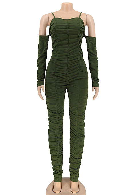 Euramerican Women Sexy Strapless Long Sleeve Ruffle Solid Color Bodycon Jumpsuits AL199