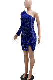 Fashion Sexy One Shoulder Sequins Split Hip Skinny Bodycon Mini Dress CCY9479