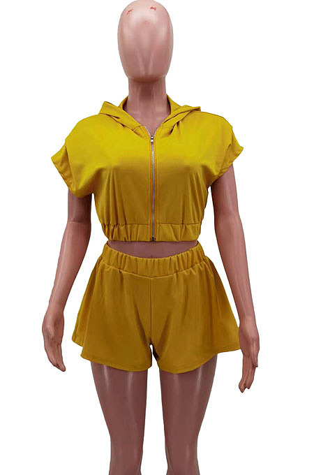 Wholesale Women Pure Color Zipper Crop Hoodie Shorts Casual Suit HHM6605