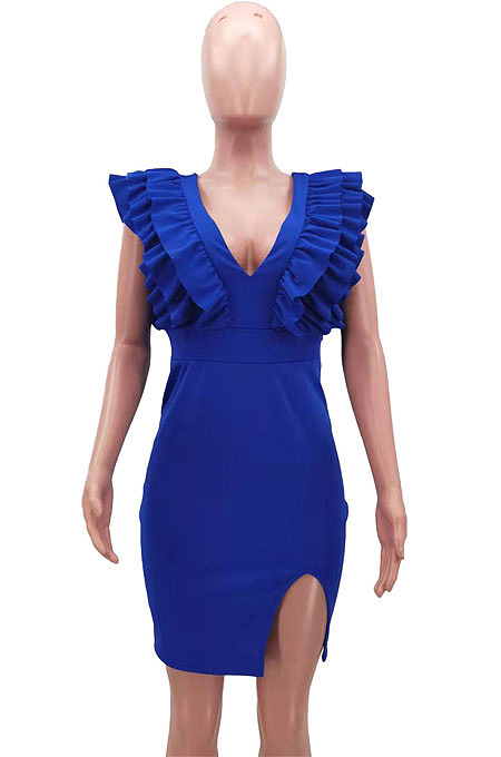 Sexy Nigh Club Pure Color V Neck Collect Waist Ruffle Hip Dress HHM6603