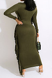 Euramerican Women Pure Color Tassel Long Sleeve Slim Fitting Contains No Belt Long Dress MD461