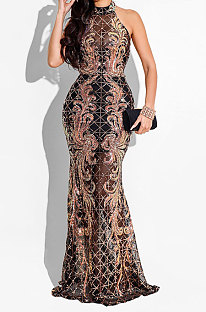 Fashion Sexy Halter Neck Backless Hip Sleeveless Tight Long Dress CCY9448