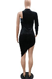 Euramerican Fashion One Shoulder Long Sleeve Sequins Spliced Velvet Irregular Bodycon Mini Dress CCY9442