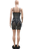 Trendy Sexy V Collar Feather Condole Belt Hip Mini Dress CCY9465