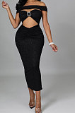 Fashion Sexy A Word Shoulder Strapless Hollow Out Split Pure Color Long Dress CCY9456