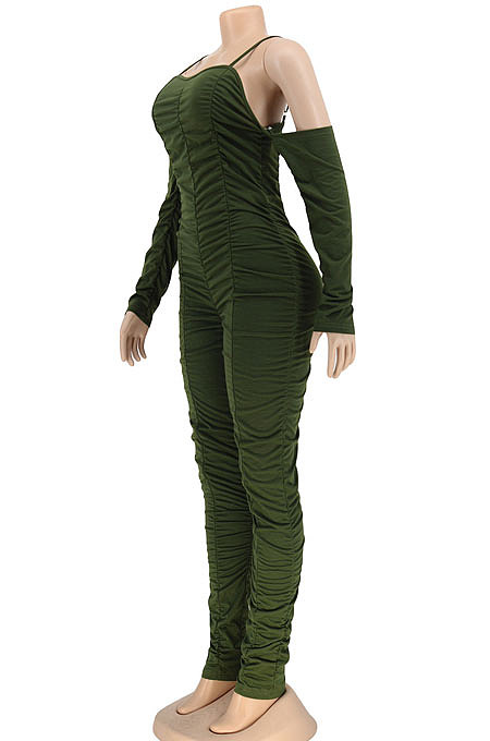 Euramerican Women Sexy Strapless Long Sleeve Ruffle Solid Color Bodycon Jumpsuits AL199