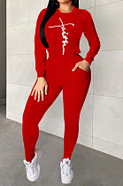 Simple New Women Design Printed Long Sleeve Round Neck Tops Skinny Pants Plain Suit MD466