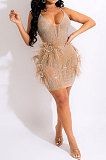 Trendy Sexy V Collar Feather Condole Belt Hip Mini Dress CCY9465
