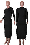 Euramerican Women Pure Color Tassel Long Sleeve Slim Fitting Contains No Belt Long Dress MD461