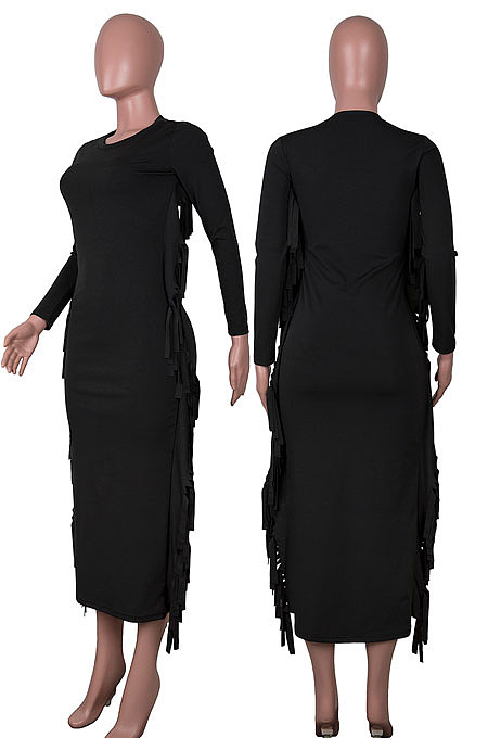 Euramerican Women Pure Color Tassel Long Sleeve Slim Fitting Contains No Belt Long Dress MD461