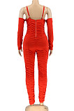Euramerican Women Sexy Strapless Long Sleeve Ruffle Solid Color Bodycon Jumpsuits AL199