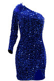 Fashion Sexy One Shoulder Sequins Split Hip Skinny Bodycon Mini Dress CCY9479
